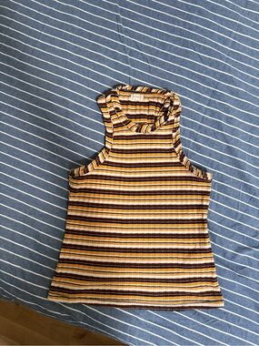 Pilcro Striped Mock Neck Tank in Mustard, Brown & Cream